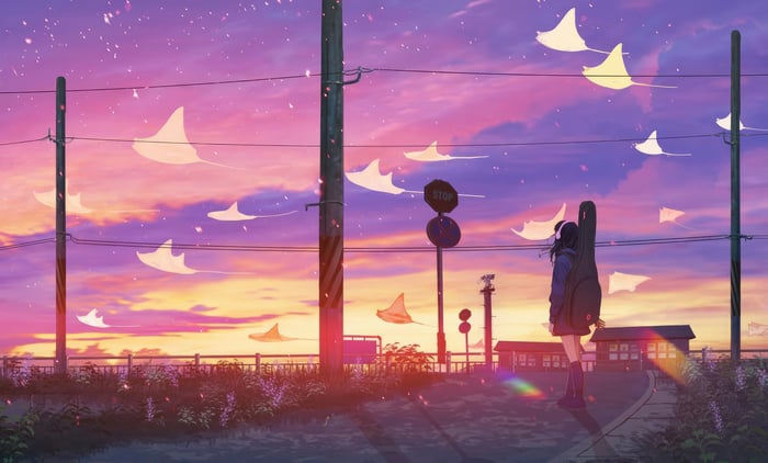 Anime Girl with Guitar Case Under Dreamy Skies