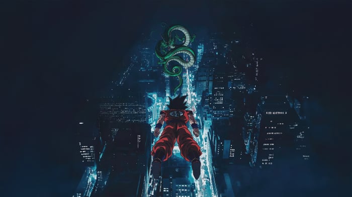 Goku and Shenron over a futuristic city at night