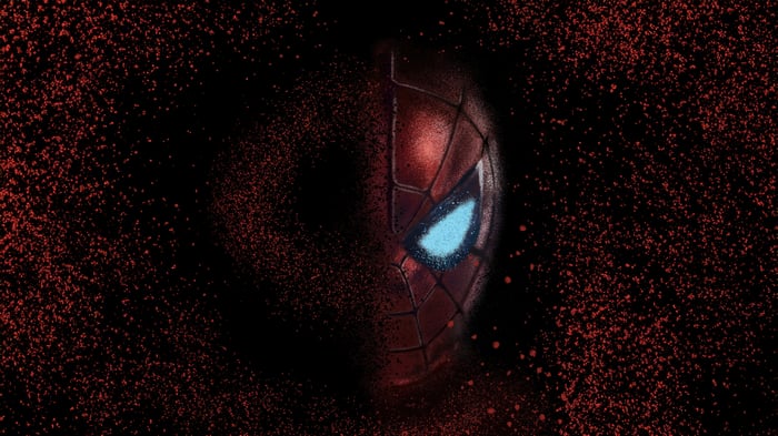 Spectacular Spider-Man Mask Dissolving into Red Particles