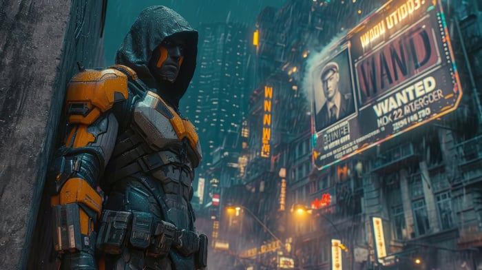 Futuristic Vigilante in a Rainy Cyberpunk City