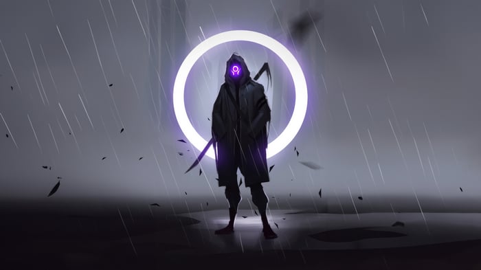 Militante with glowing symbol in the rain