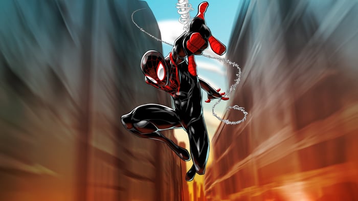 Miles Morales Swinging Through City