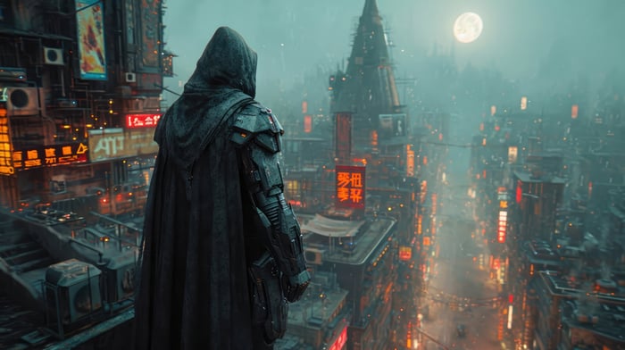 Vigilante in a futuristic city at night