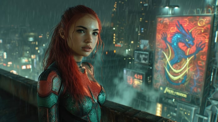Futuristic Vigilante Girl in a Rainy City