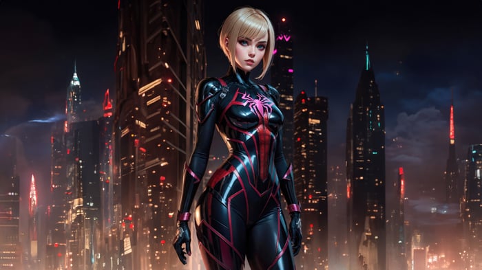 Spider Gwen from Earth 9767 in a futuristic city