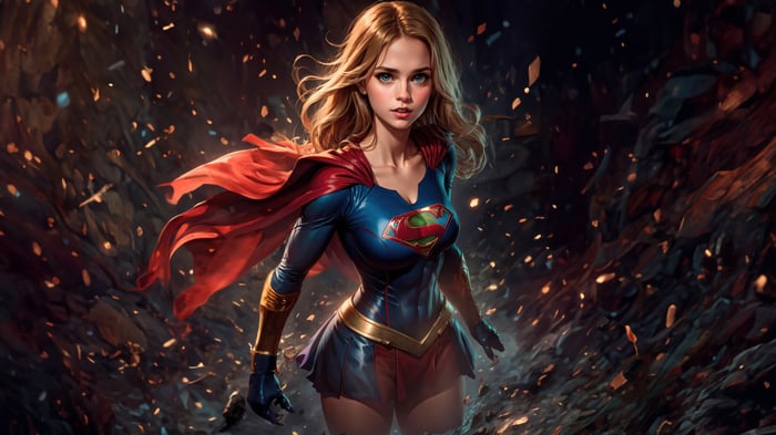 Supergirl in a dramatic, debris-filled environment