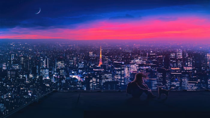 Girl and cat on a rooftop overlooking a city at sunset