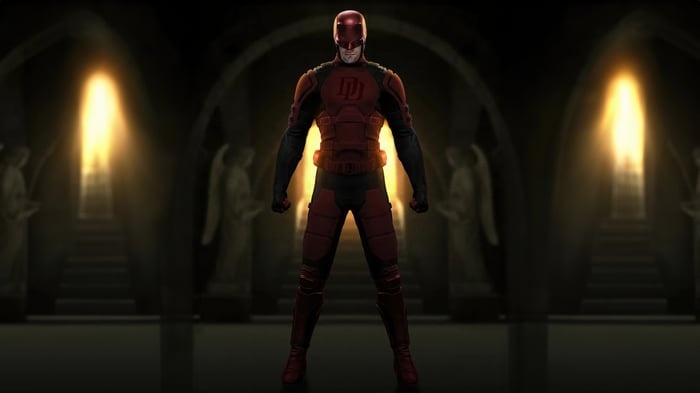 Daredevil in a Dark Hallway with Angel Statues