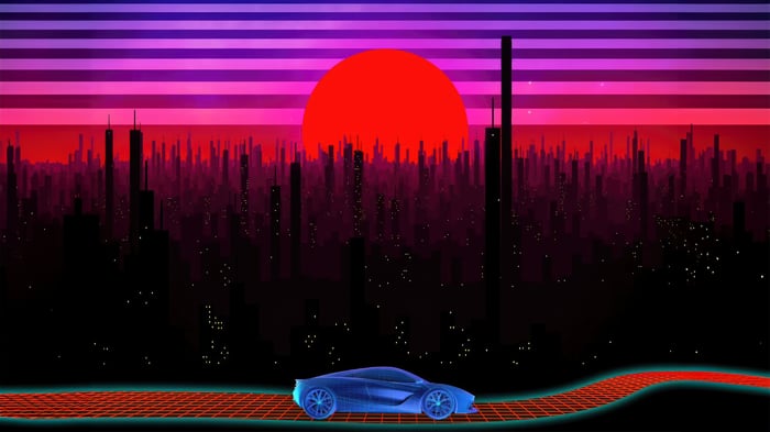 Cyberpunk Cityscape with a Wireframe Sports Car