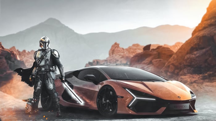 The Mandalorian and Grogu with a Lamborghini