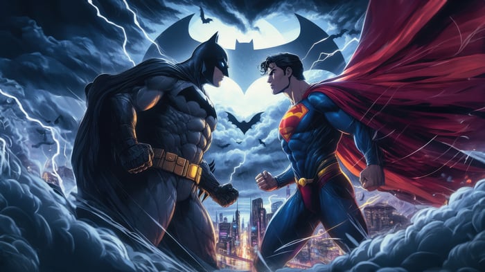 Batman and Superman face off in a stormy city