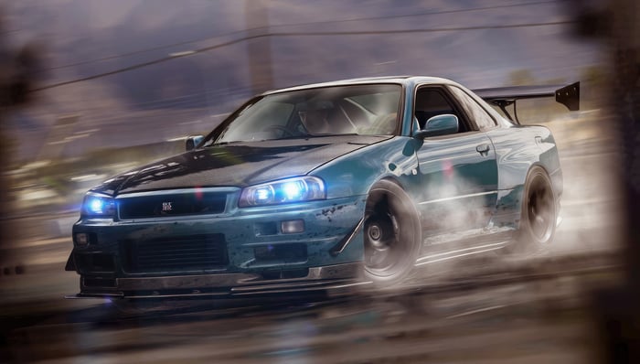 Nissan R34 Godzilla drifting with smoke