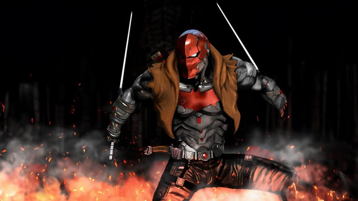 Red Hood with swords amidst fire