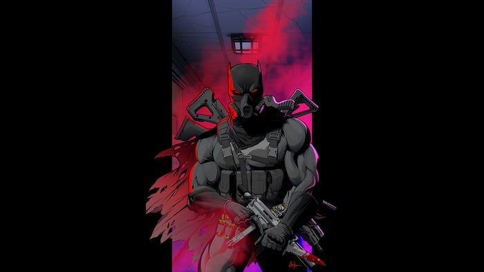 Batman with gas mask and guns