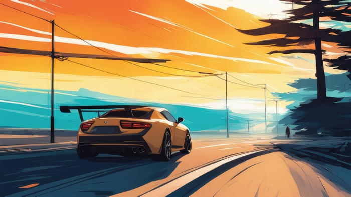Yellow racing car on a road at sunset