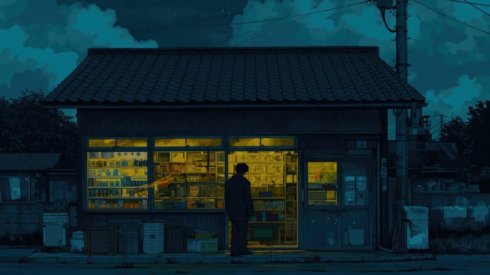Person standing outside a brightly lit store at night