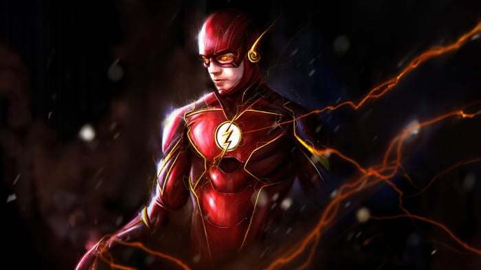 The Flash in a red suit with lightning effects