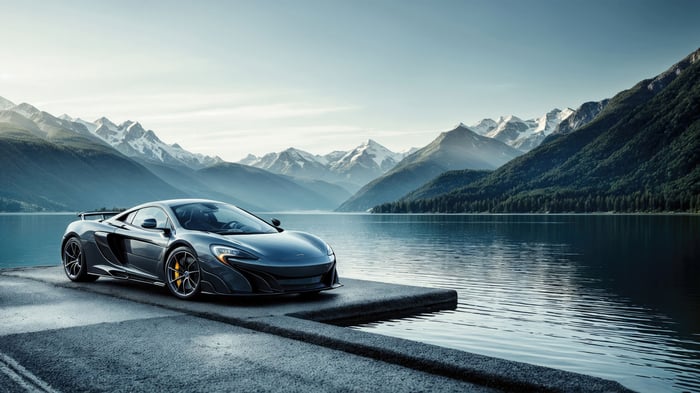 McLaren 675LT car parked by a lake with mountains