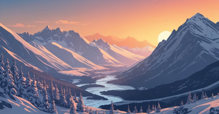 Snowy Mountains Valley at Sunset