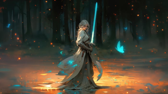 Ciri with a glowing sword in a magical forest