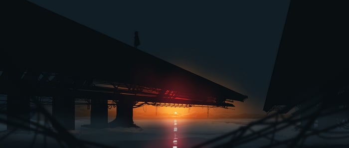 Anime girl on a platform at sunset