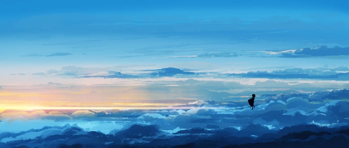 Anime girl floating in the sky above clouds