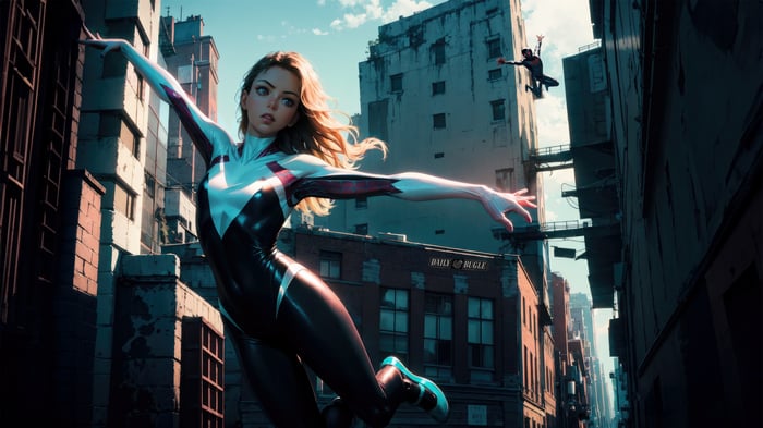 Gwen Stacy in a Spider-Woman Suit in a City