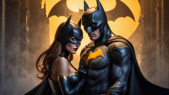 Batman and Batgirl in front of a Bat Symbol