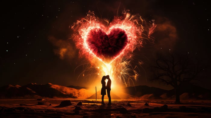 Couple Silhouetted Against Fiery Heart Fireworks