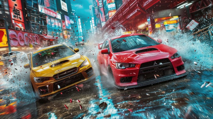 Two racing cars splashing through a city street