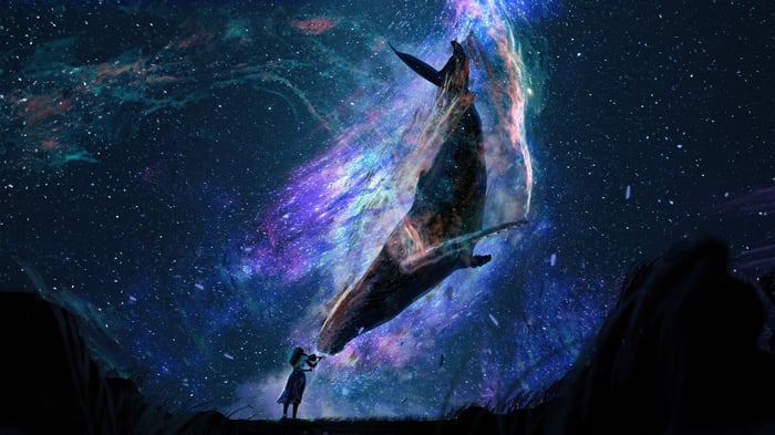 Girl playing music for a whale in space