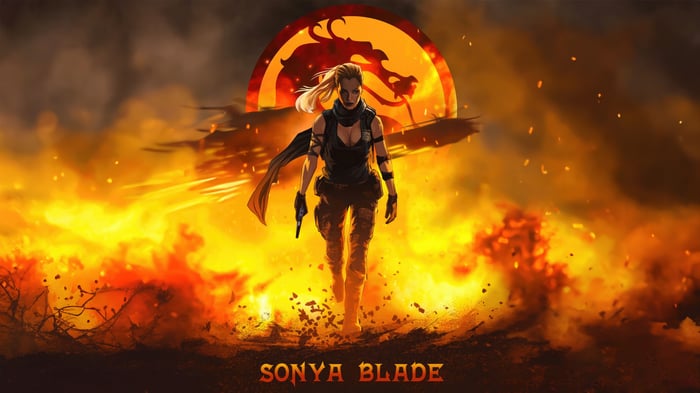 Sonya Blade in Mortal Kombat with Fire Background