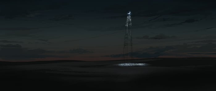 Glowing Moon on a Tower in a Desert at Night