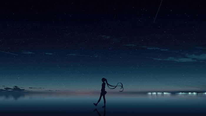 Hatsune Miku walking under a starry night sky