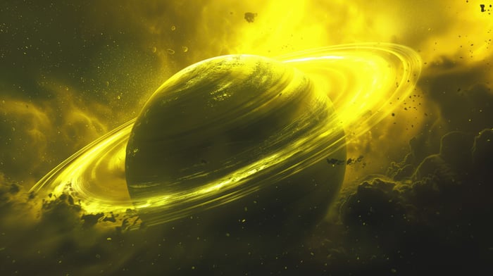 Yellow Gas Giant Planet with Rings in Space