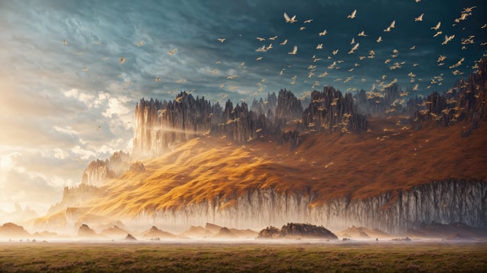 Birds flying over a rocky, mountainous landscape at sunset