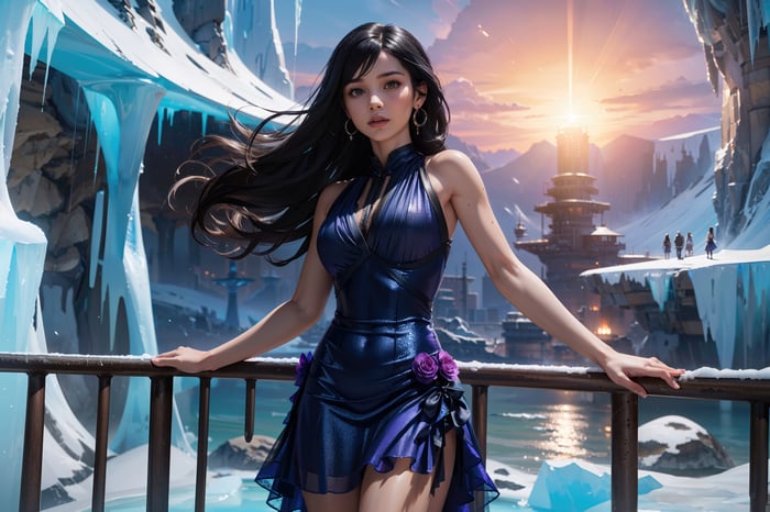 Anime girl in a blue dress in a snowy landscape
