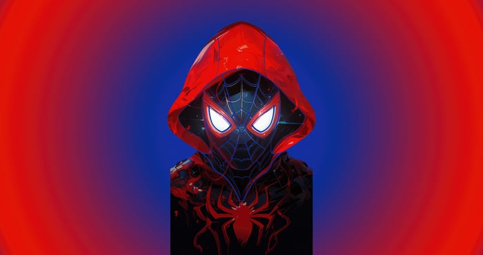 Spider-Man in a red hoodie against a blue and red gradient