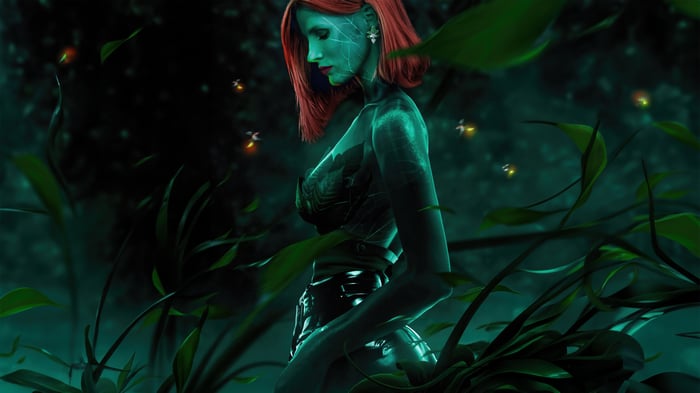Poison Ivy in a dark, leafy environment with fireflies
