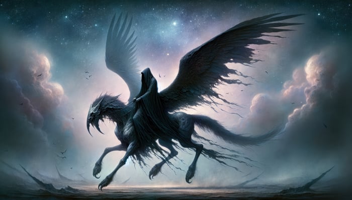 Grim Reaper on a winged horse in the night sky
