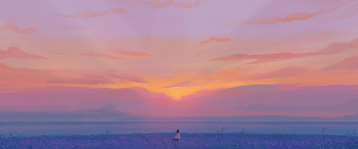 A lone girl in a field of purple flowers at sunset