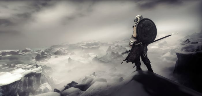 Skyrim Warrior Standing on Snowy Mountain