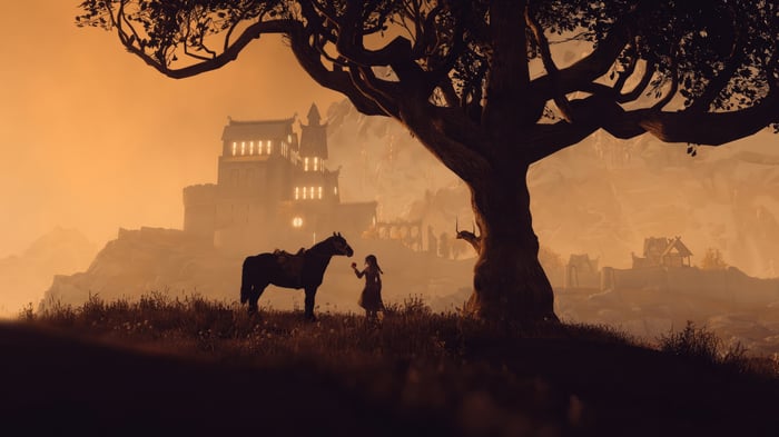 Skyrim: A girl and her horse near a castle