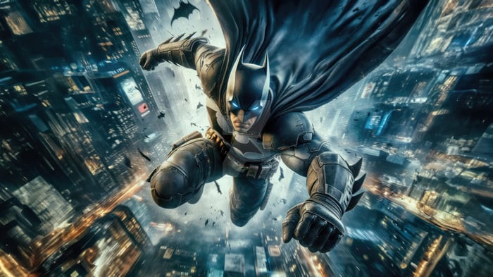Batman Flying Over Gotham City