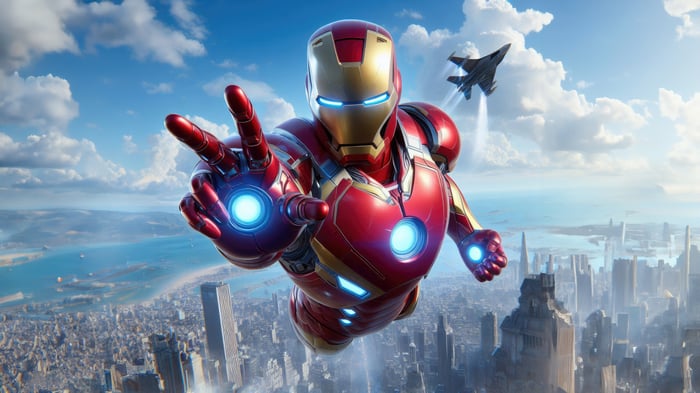 Iron Man flying over a city with a jet