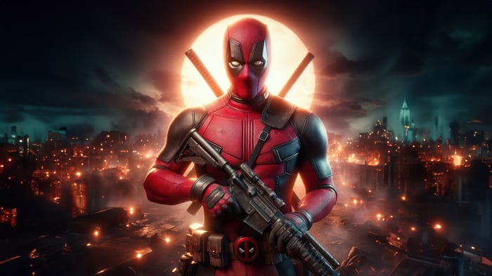 Deadpool with Swords and Gun in City