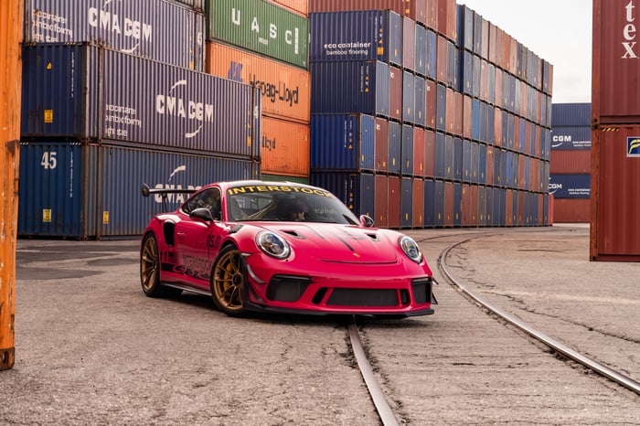 Pink Porsche 911 GT3 RS with Shipping Containers