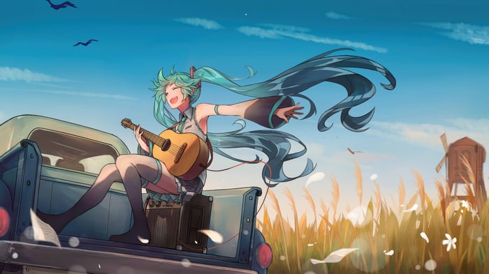 Hatsune Miku plays guitar in a truck bed