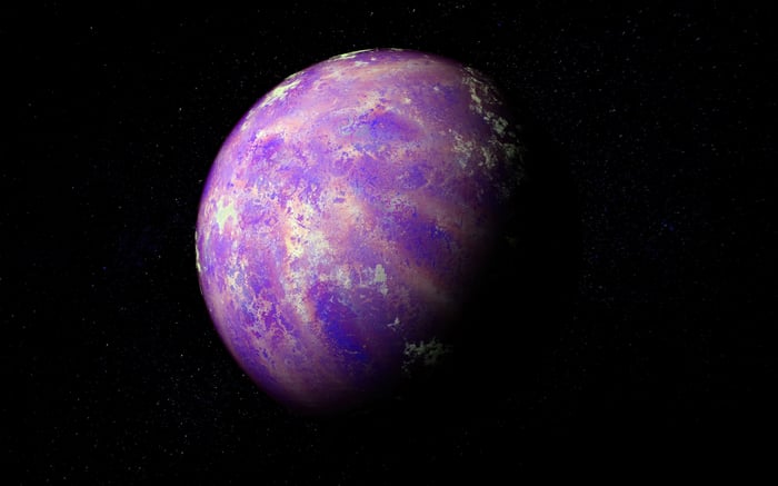 Purple planet in starry space