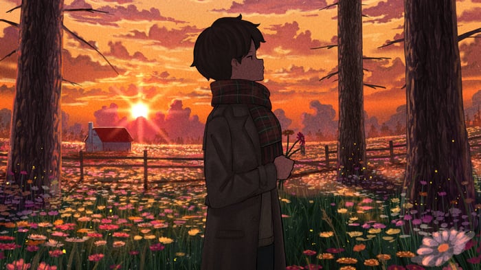 Anime Boy Holding Flowers at Sunset